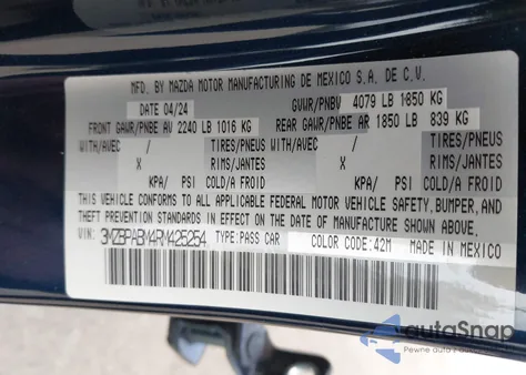 2024 Mazda Mazda3 2.5 S Select Sport z USA, uszkodzony, nr VIN 3MZBPABM4RM425254